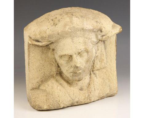 A Grand Tour reconstituted stone corbel modelled as a bust of Dante Alighieri, late 19th century, 25cm W x 11cm D x 25cm H