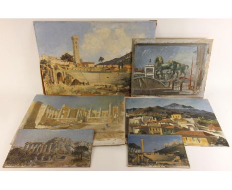 William Beswick (British, 20th century),Six Grand Tour views to include the bronze horses of St Marks, the Acopolis, the Roma