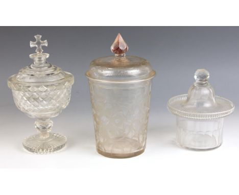 A Georgian sweetmeat glass jar and cover, probably late 18th century, of tapering form, the body wheel cut with stylised flor