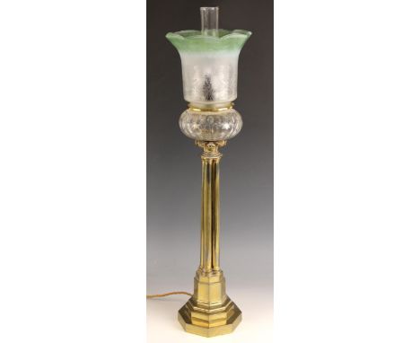 A Victorian lacquered brass oil lamp, 19th century, the central Corinthian column formed of four plain pillars set to a stepp