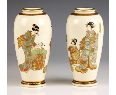 A pair of Japanese Satsuma porcelain vases, Meiji Period (1868-1912), each vase of cylindrical ovoid form and externally deco