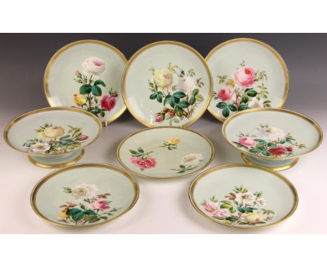 A Mintons Botanical dessert service, late 19th century, comprising; a pair of pedestal comports, and six plates, each piece p