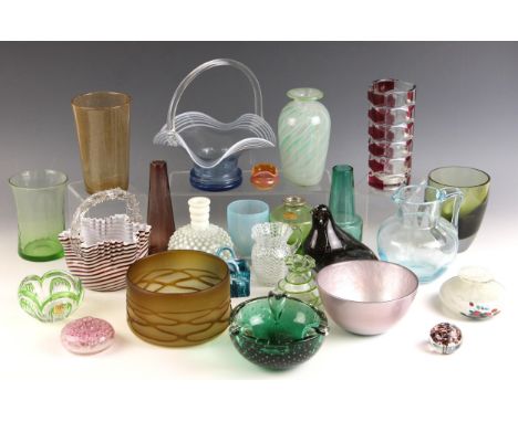 A selection of mid 20th century and later glass pieces, to include a paperweight modelled as a bird, 12.5cm high; a Murano st