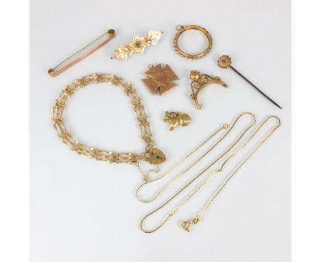 A selection of yellow metal jewellery, including an early 20th century 9ct cross pendant, Chester 1922, 2.5cm long, a 9ct yel