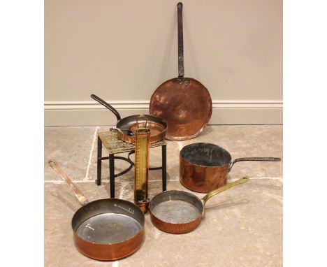 A 19th century copper saucepan, the handle stamped Gaskell and Chambers, 26cm diameter, three further saucepans and two pan c