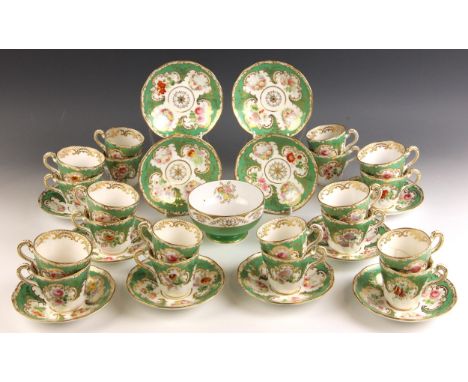 A Copeland porcelain part tea and coffee service, mid 19th century, comprising: ten teacups, ten coffee cups, twelve saucers,