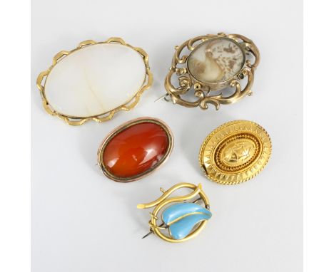 A group of five brooches, including a Victorian hair work example, 5cm wide, 19th century carnelian example, 3.5cm wide, enam