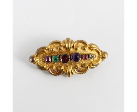 A 19th century acrostic ‘Regard’ brooch, the shaped oval brooch with ruby, emerald, garnet, amethyst, ruby and diamond detail