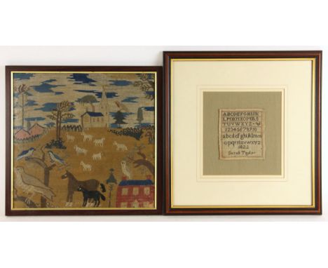 A wool embroidered needlework picture or sampler, 19th century, depicting a village scene with birds and animals on a common,