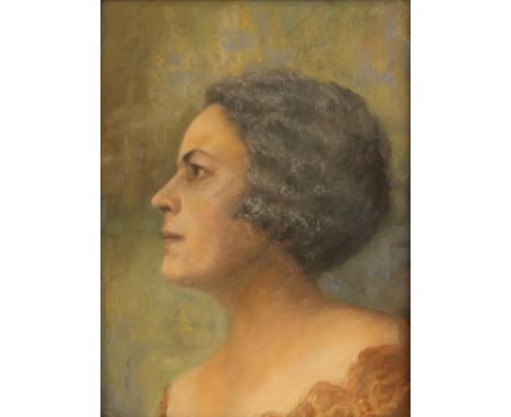 English school (early 20th century),A bust length profile portrait of a lady facing sinister,Pastel on paper,Initialled ‘E.W’