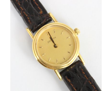 A ladies Zenith wristwatch, the circular gold coloured dial with baton markers, set to plain polished case, 2cm wide (includi