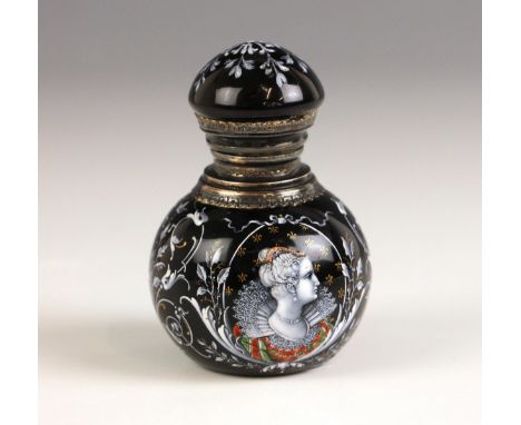 A continental black enamel scent bottle, probably Limoges, 19th century, of spherical form, the body finely enamelled with la