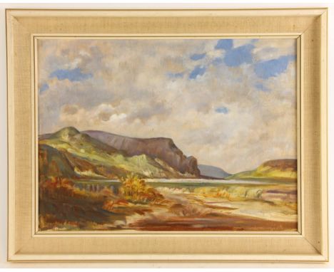 William Beswick (British, 20th century),A hilly landscape beneath a cloudy sky,Oil on board,Unsigned,29cm x 39.5cm,FramedBIOG