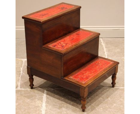 A set of Regency mahogany and red leather inset library steps, the upper step hinged opening to a compartment, over a second 