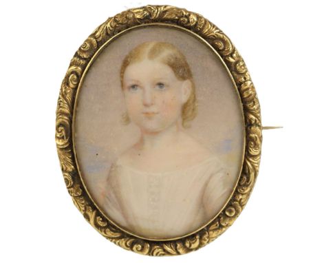 English School (19th century), A portrait miniature depicting a bust length portrait of a young girl, Watercolour on ivory, W