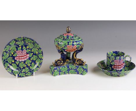A Spode pearlware pot pourri and cover, early 19th century, the tri-form base mounted with three dolphins supporting the pier