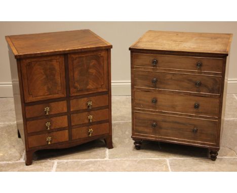 A George III mahogany commode chest, outlined with geometric ebony stringing, the hinged cover formed as a pair of faux cupbo
