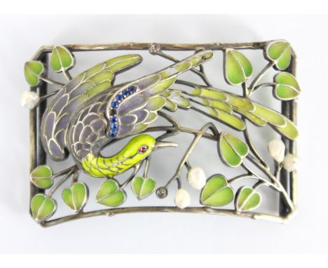 An Art Nouveau enamel plaque de cou, attributed to Levinger and Bissinger, the silver rectangular frame encompassing plique-à
