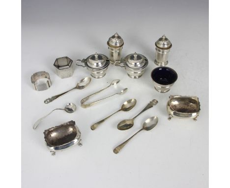 A selection of silver, including a George V silver condiment set, Adie Brothers Ltd, Birmingham 1932, comprising two wet must