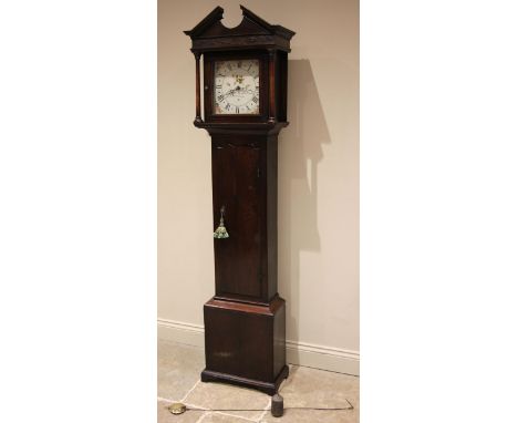 A George III oak cased thirty hour longcase clock, signed Walter Thomas, Whitchurch, the architectural pediment and freestand