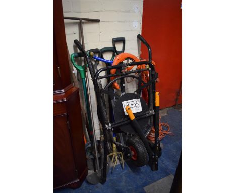 A Collection of Various Garden Tools Including Spear and Jackson Together with a Rhino Runna Wheel Barrow Frame 