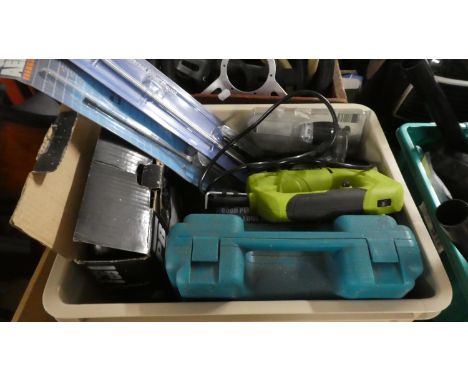 A Box Containing Various Tools, Drills, Car Accessories etc 