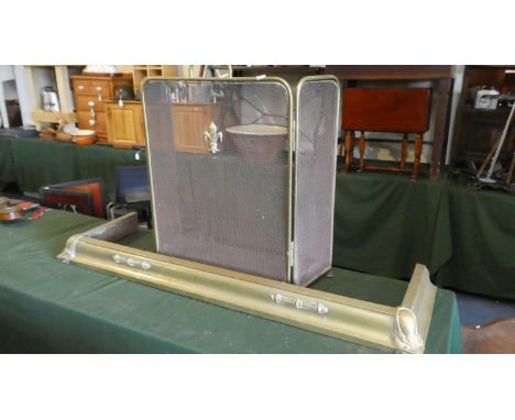 A Brass Fire Kerb and Three Fold Brass Fire Screen, Kerb 128cm Wide 