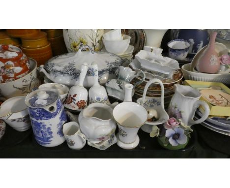 A Tray of Ceramics to Include Coalport Ming Rose, Masons, Ceramic Bells, Blue and White Coffee Pot etc 
