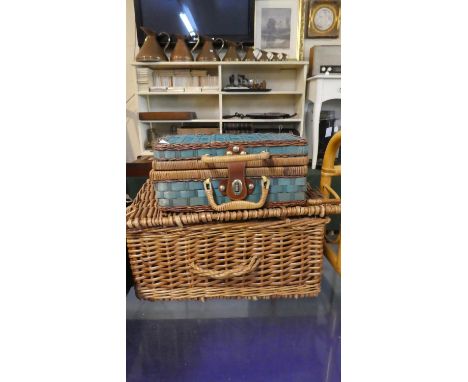A Wicker Hamper and a Small Woven Case Containing Tools 