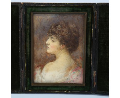 A miniature watercolour portrait of a woman, signed H J Stock, dated 1909, original leather case, case height 18cm 