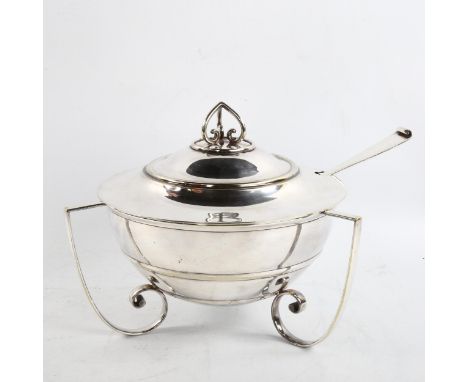 An electroplate circular 3-handled soup tureen and cover with ladle, early 20th century, diameter excluding handles 22cm - BB