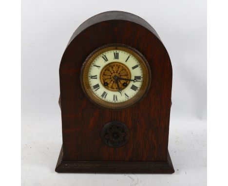 French oak-cased dome-top mantel clock by Japy Freres, gilt and enamel dial, with key and pendulum, height 32cm - BBC Antique