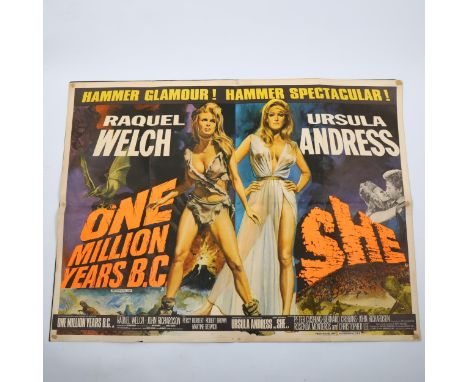 One Million Years B.C./She (1966) British Quad Double Bill film poster, artwork by Tom Chantrell, Hammer Production, folded 3