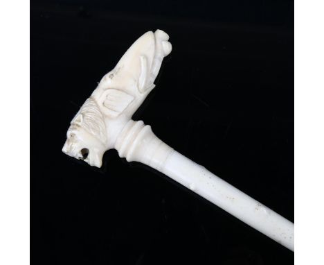 A 19th century Indian sectional ivory walking stick, with double elephant/lion headed handle, length 81cm 