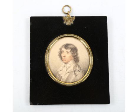 A 19th century miniature watercolour on paper, portrait of a gentleman, inscribed verso John Downman (1750 - 1824), brass-mou