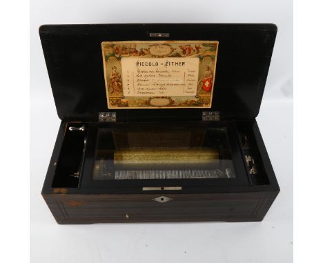 A 19th century Swiss rosewood musical box, playing 6 airs on a 20cm cylinder 