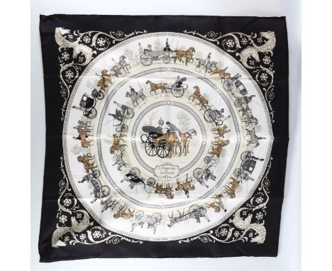 HERMES PARIS - a silk scarf with coaching scene "Le Promenade De Longchamps", width 87cm, original box 