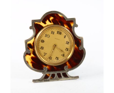 WALKER &amp; HALL - a silver and tortoiseshell 8-day travelling strut clock, hallmarks Birmingham 1924, height 9.5cm 