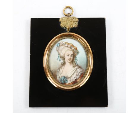 19th century miniature painting on ivory, portrait of a lady, signed Levy, brass-mounted ebonised frame, overall frame dimens