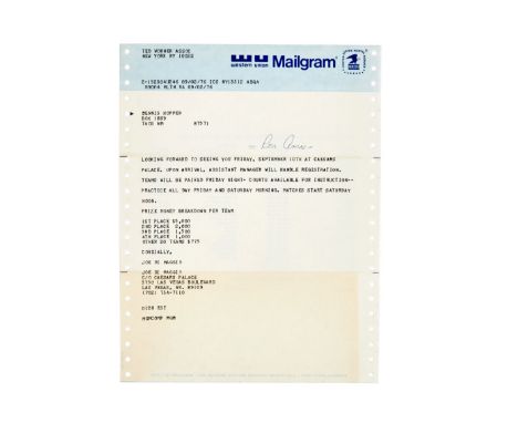 A Western Union telegram from Joe DiMaggio to Dennis Hopper dated September 2, 1976.The telegram reads in part: "Looking forw