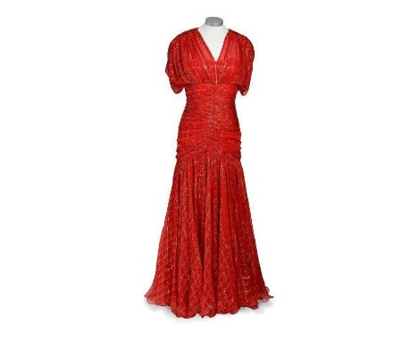 Princess Diana's scarlet metallic jacquard chiffon gown, designed by Bruce Oldfield, was worn on several occasions, twice in 