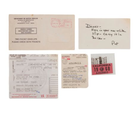 A group of documents relating to the DMV registration of Dennis Hopper's car c. 1968-1969, including: a registration card&nbs