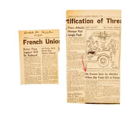 A pair of clippings from the Honolulu Star-Bulletin reporting on Marilyn Monroe's visit to Korea and her performance for the 
