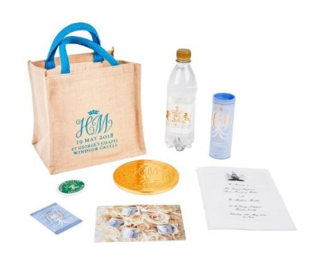 An original monogrammed tote bag filled with items that were gifted to guests at the wedding of Prince Harry and Meghan Markl