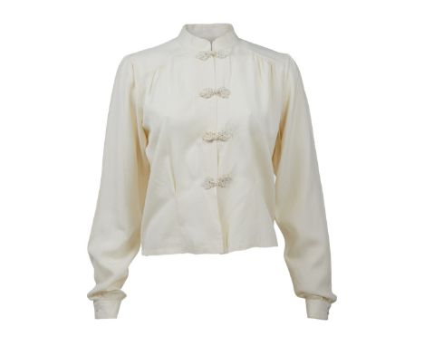 A custom-made silk check blouse with Mandarin collar and ornate frog closures as seen worn by Madonna as Gloria Tatlock in Sh