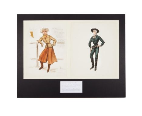 Two Edith Head costume designs, a sketch of Rhoda Flemming as Laura Denbow, and a sketch of Jo Van Fleet as Kate,  in the fil