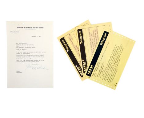 A group of Western Union telegrams and one signed typewritten note from Gregory Peck (then-president of the Academy of Motion