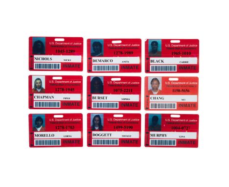 A group of nine original Federal Department of Corrections ID card props as seen worn by the cast of Orange is the New Black 