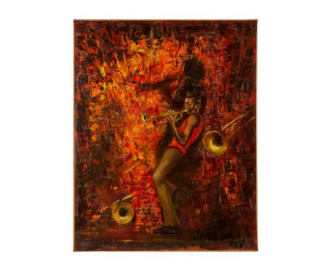 An original abstract oil painting on canvas of jazz musician Miles Davis playing his trumpet that was hand-painted and signed