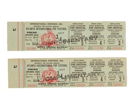 A pair of unused complimentary tickets to the 1970 Atlanta International Pop Festival, provided for Dennis Hopper.The festiva
